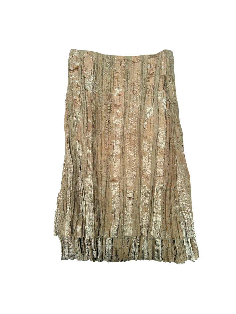 A beige and brown laced skirt with a fringed hem.