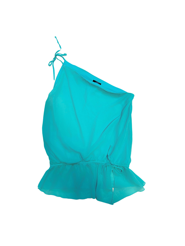 Y2K vintage one-shoulder top in vibrant aqua, featuring a tied shoulder strap and a ruffled hem for a playful summer look.
