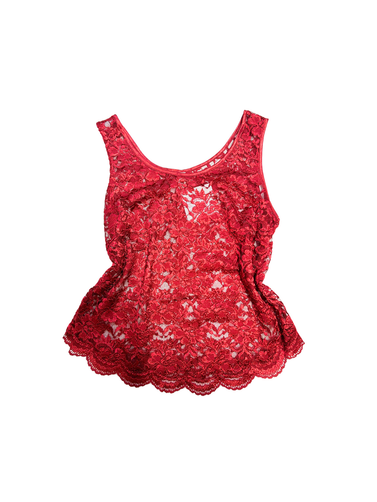 Red Lace Sleeveless Tank Top with Floral Details