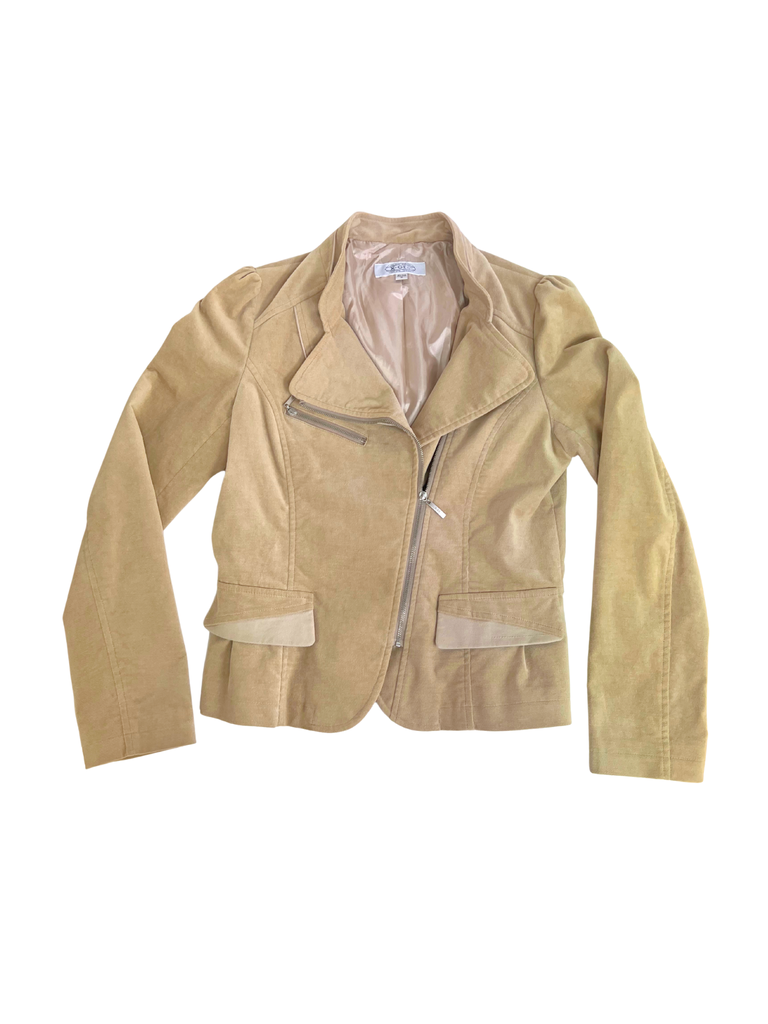 Beige  velvet texture fitted jacket with an angle zipper 
