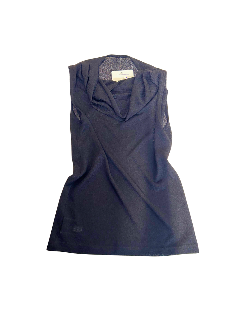 A vintage mesh sleeveless top in black with a draped cowl neckline.