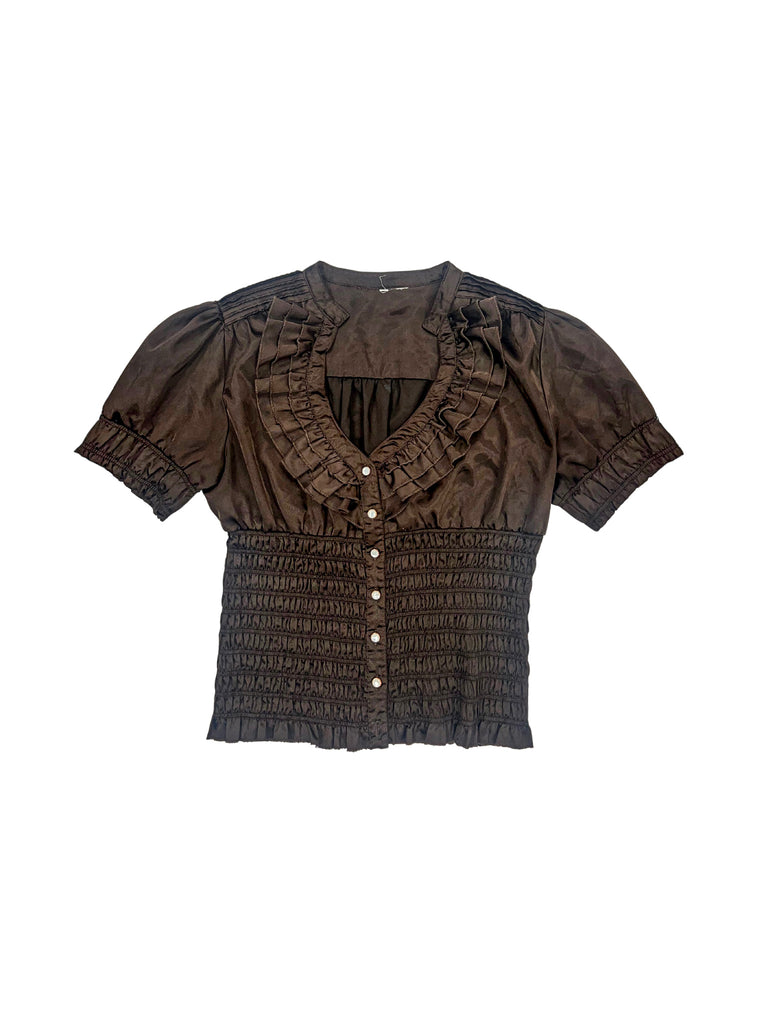 Rouched top chocolate brown frill collar