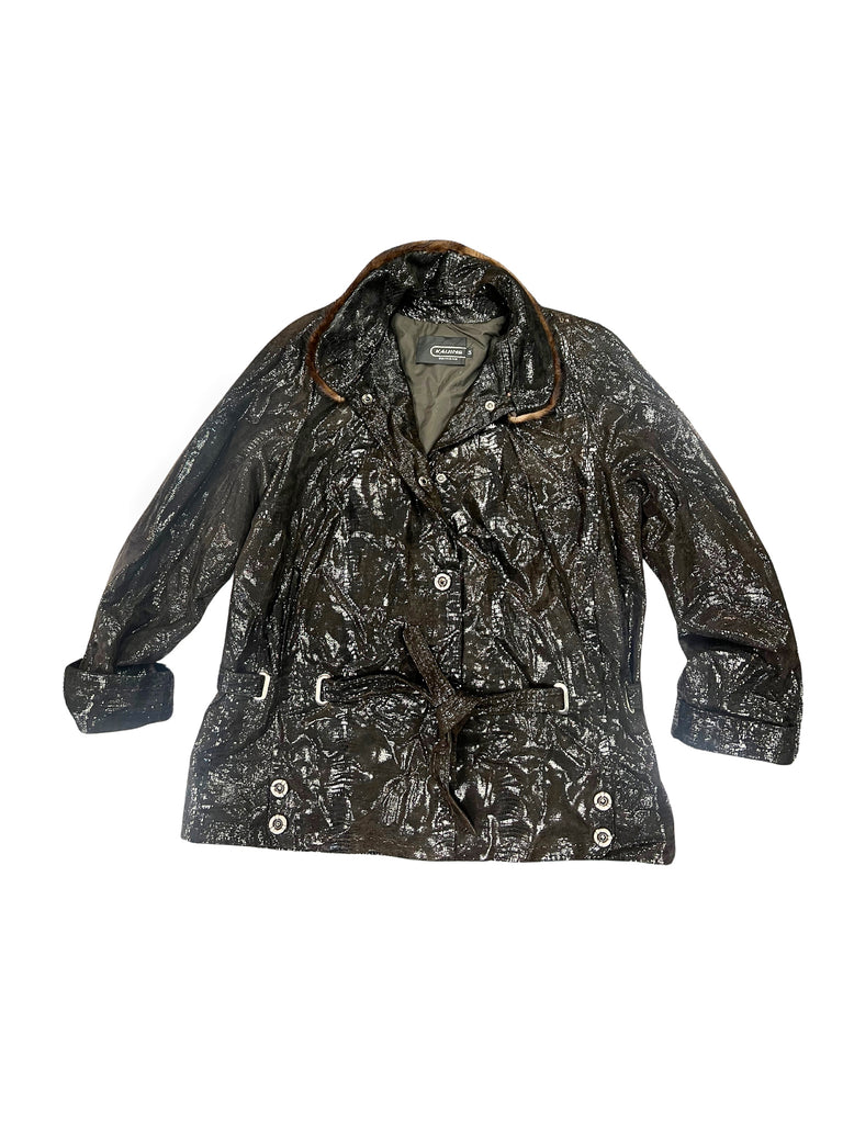 Wet look black jacket with fur trim collar
