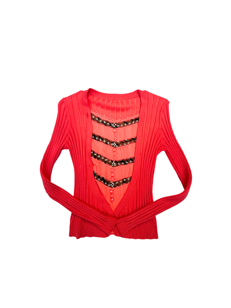 Salmon knitted  woollen cardigan sheer front panel with decorative buttons