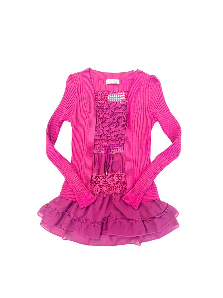 Pink dress with long sleeves and ruffled front and skirt one piece