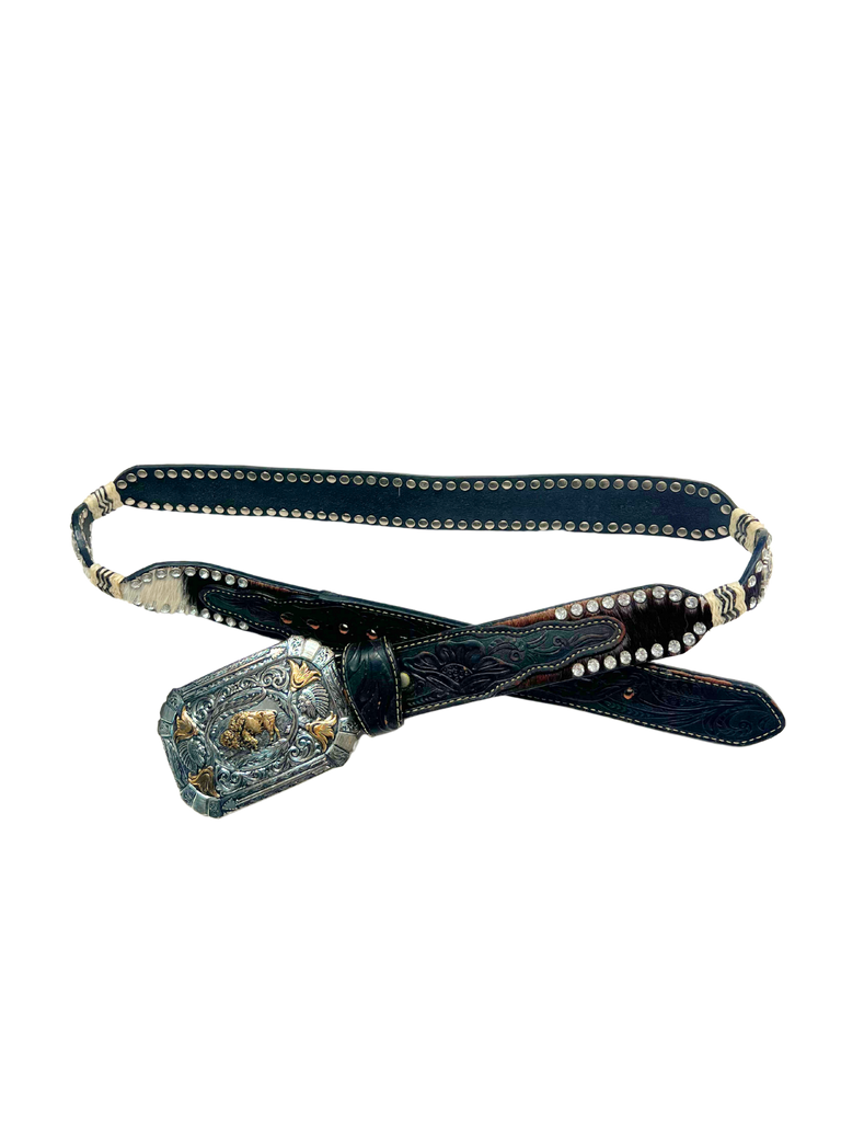 Black leather and hide belt with large decorative buckle 