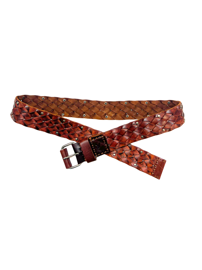 Brown woven belt with a silver buckle 