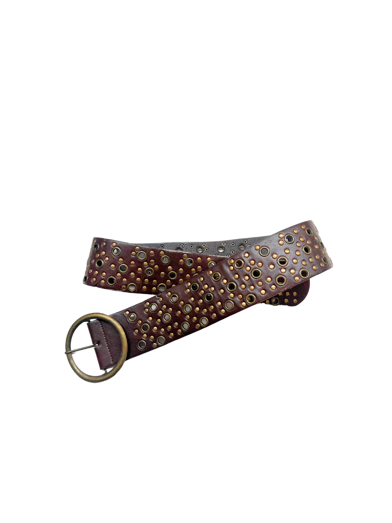 wide Brown belt with gold studs and round buckle