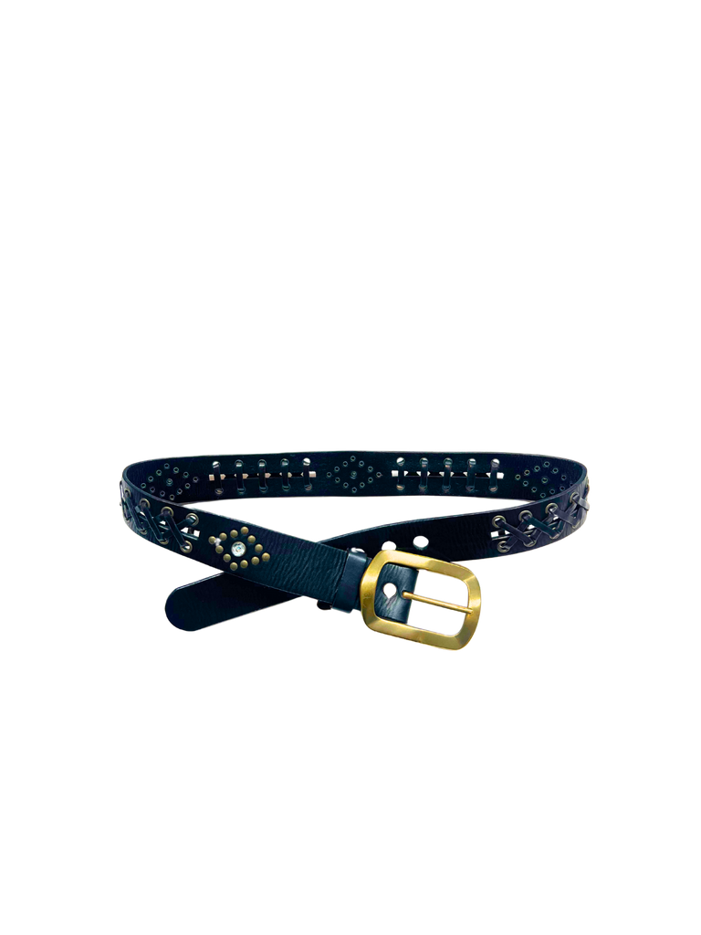 Black belt with gold buckle Aztec design embellishments