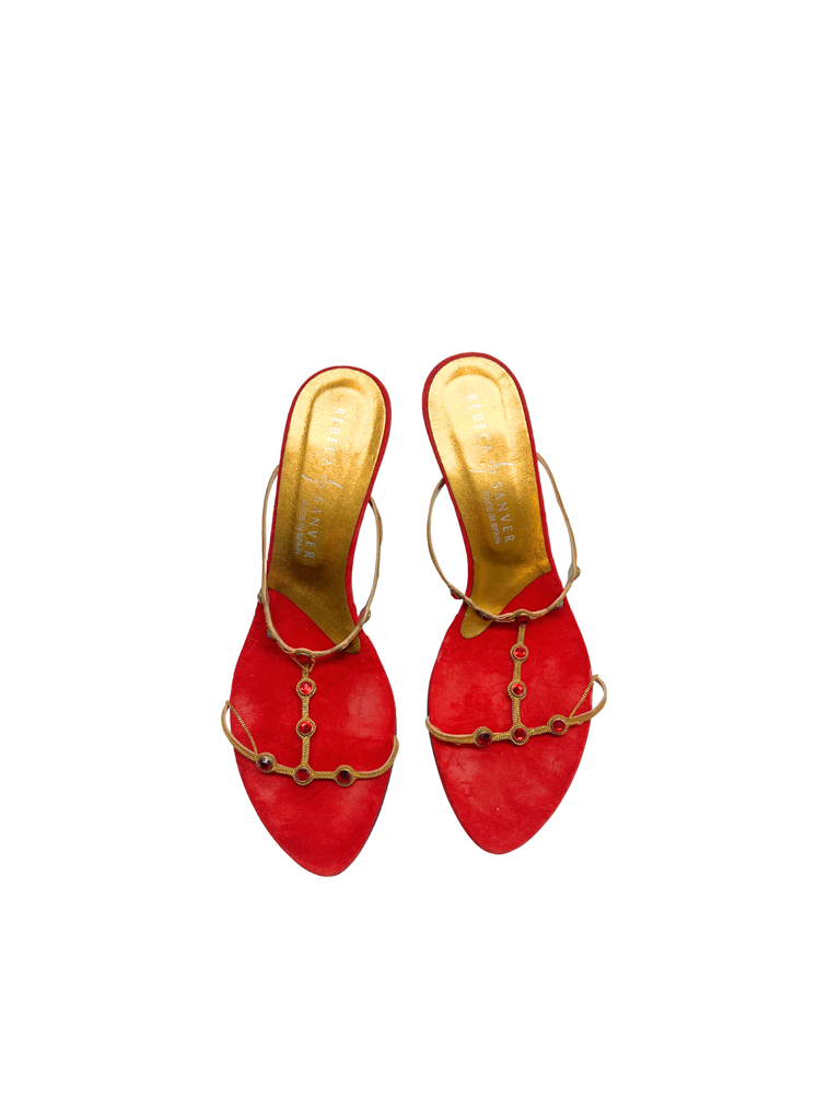 Rebeca Sanver Red high-heeled shoes with gold straps and ruby stones