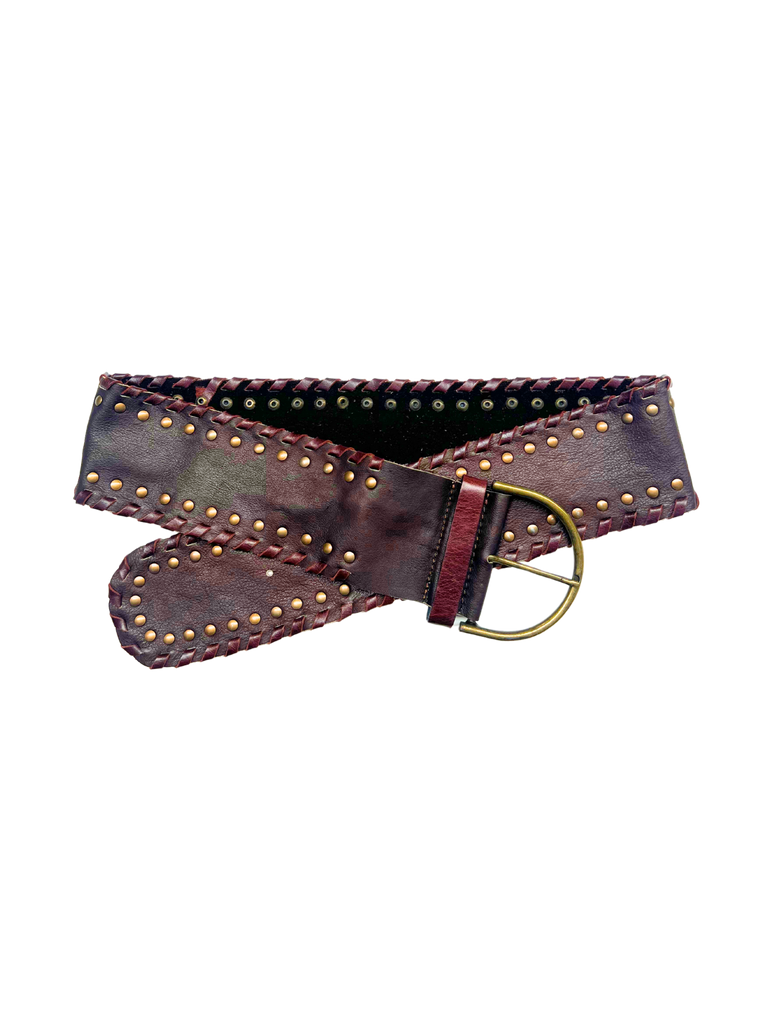 wide Brown leather belt with gold studs and buckle 