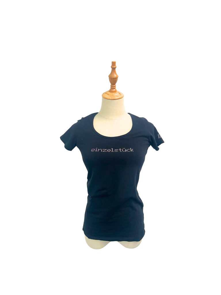 A frontal view of a navy blue t-shirt with sequin embellishment