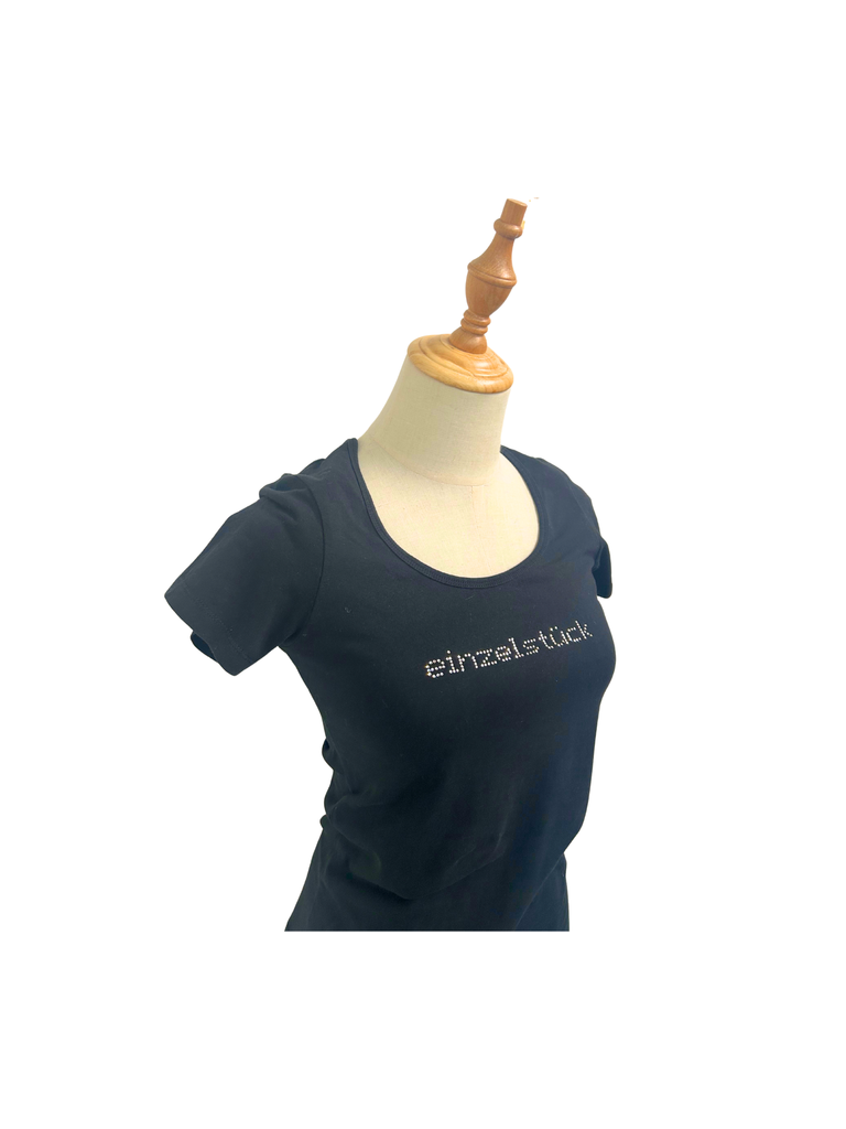 A side view of a navy blue t-shirt with sequin embellishment on a mannequin