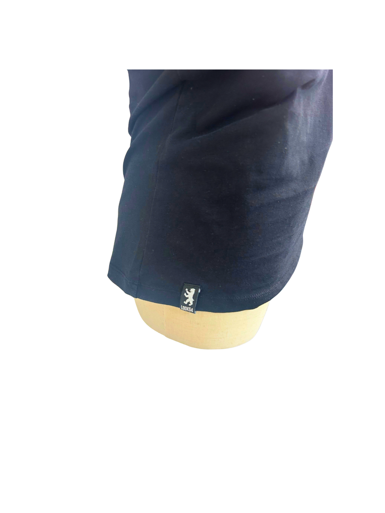 A side view of a navy blue t-shirt