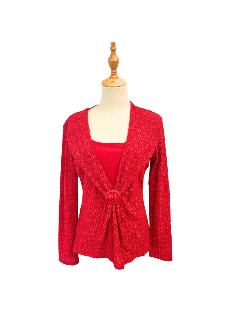 STAX Vintage Long Sleeve Top in scarlet red made out of all over embroidered fabric and a gathered buckle detail in front
