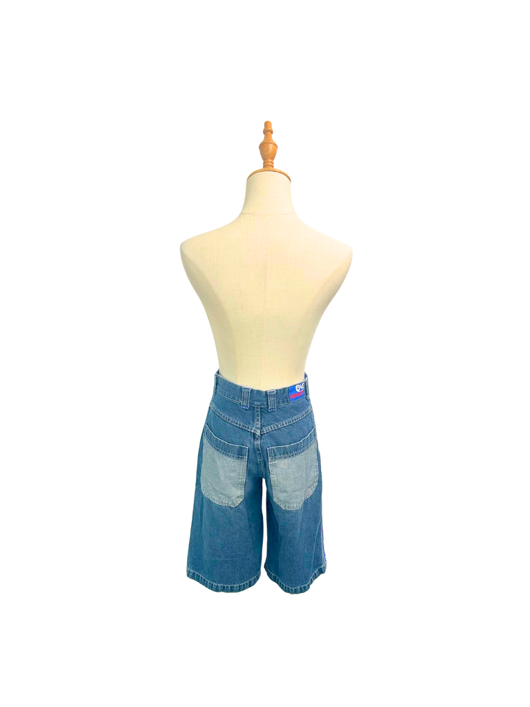Back view of a pair of vintage blue denim Mango Jorts with red, white and blue stripes on each side